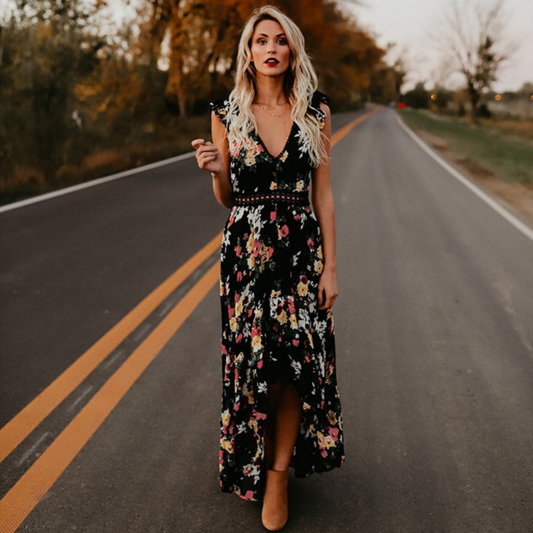 Emery Rose Dresses Irregular Swallow Tail Dress Hollow Backless Sweet Printed Dress