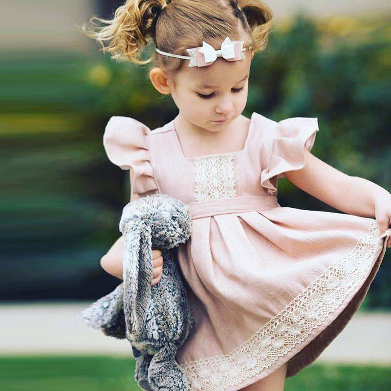 Girl Dress Summer Cute Lotus Pink Dress Children Princess Stitching Lace Short Dress