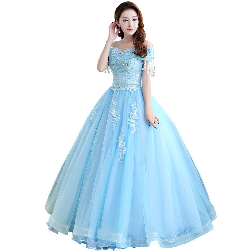 Women's Evening Dress Ball Gown Princess Quinceanera Wedding Dresses Light Blue Length Puffy Performance Costume Evening Dress Female