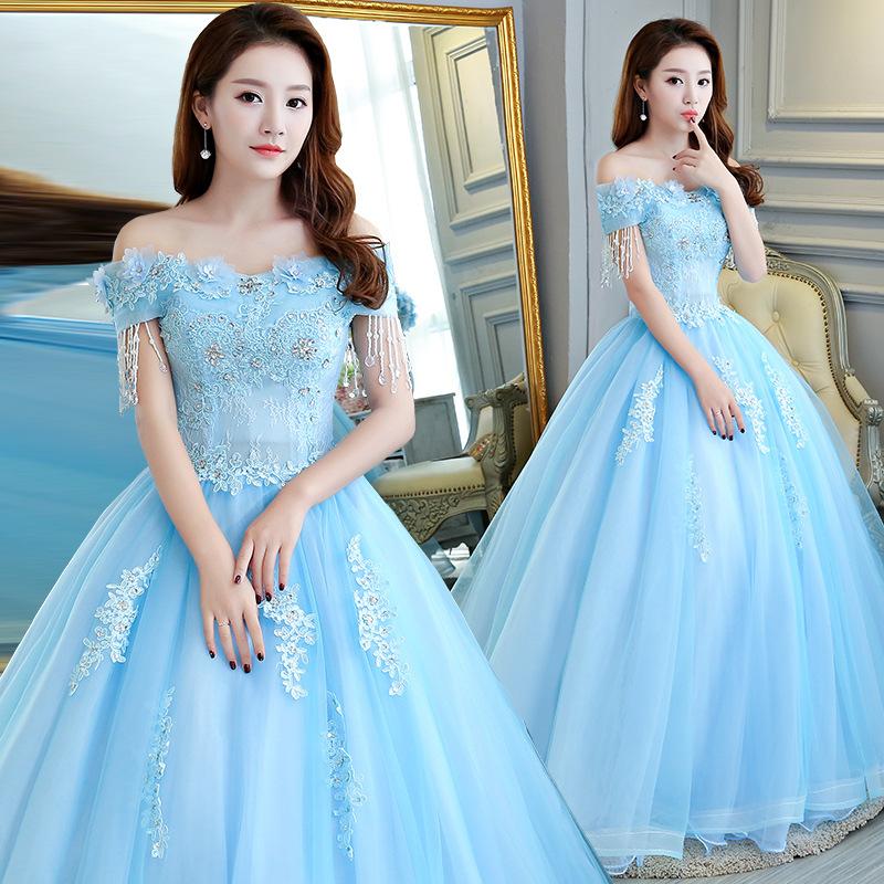 Women's Evening Dress Ball Gown Princess Quinceanera Wedding Dresses Light Blue Length Puffy Performance Costume Evening Dress Female