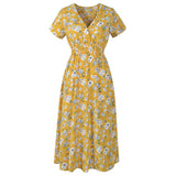 Emery Rose Dresses Chiffon Beach Dress Printed V-neck Short Sleeve Dress Bohemian Dress