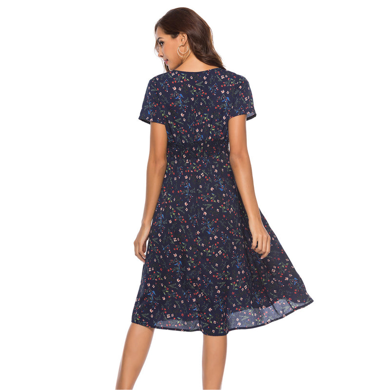 Emery Rose Dresses Chiffon Beach Dress Printed V-neck Short Sleeve Dress Bohemian Dress