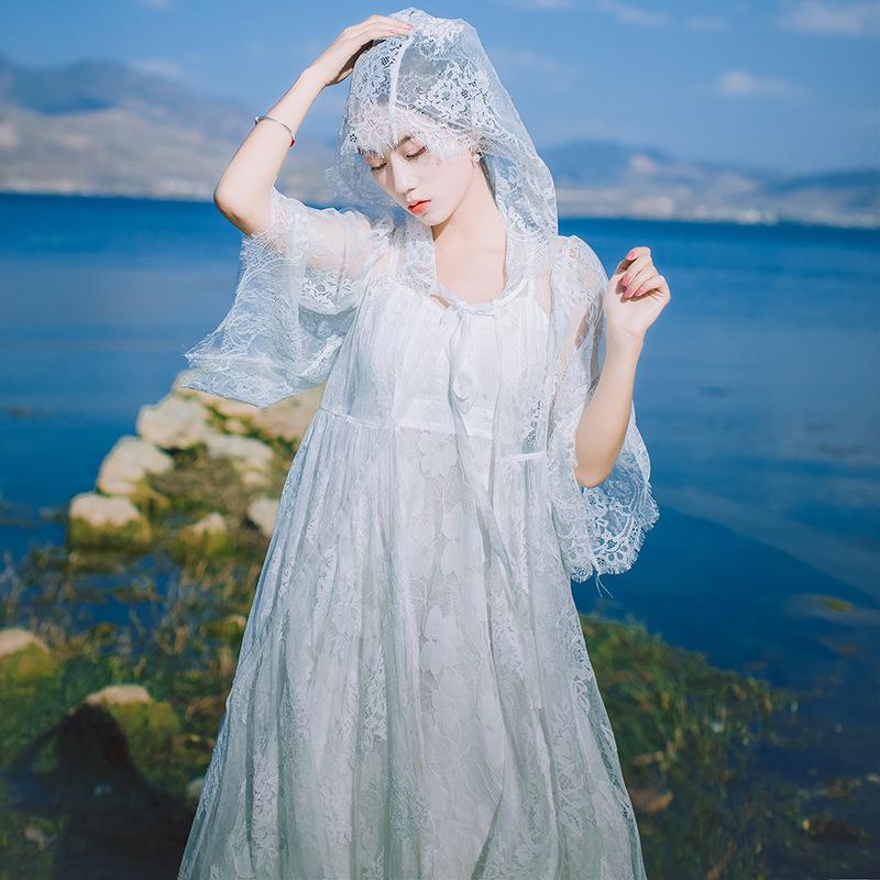 Lace Embroidered Backless Suspender Dress  Bohemia Retro Vintage Cottagecore Aesthetic Flowy Victoria Cottage Core Boho Dress