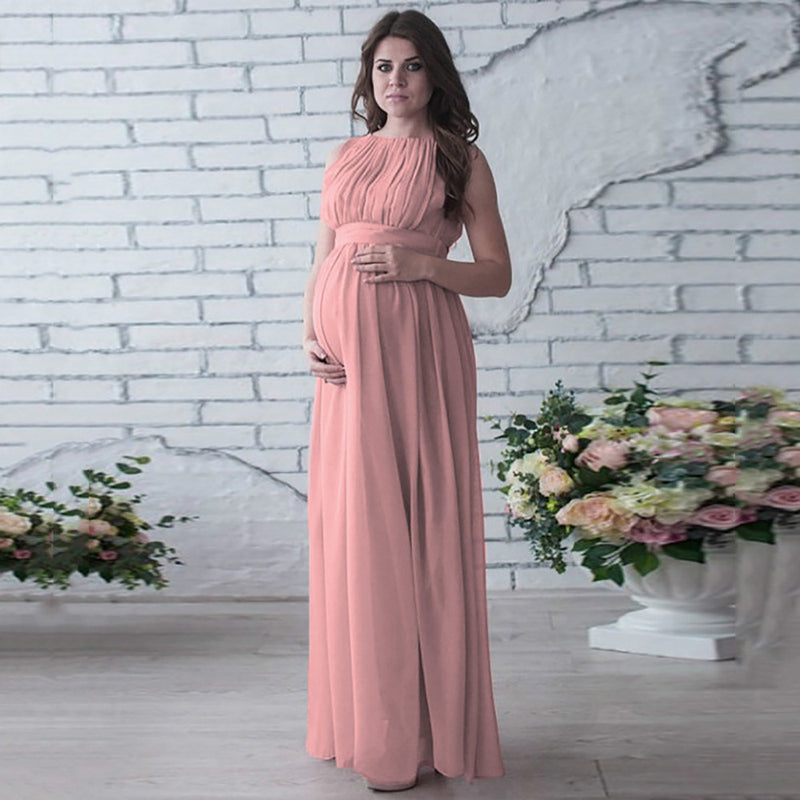 Maternity Clothes Dress round Neck Stitching Solid Color Sleeveless Chiffon plus Size Long Casual Maternity Dress