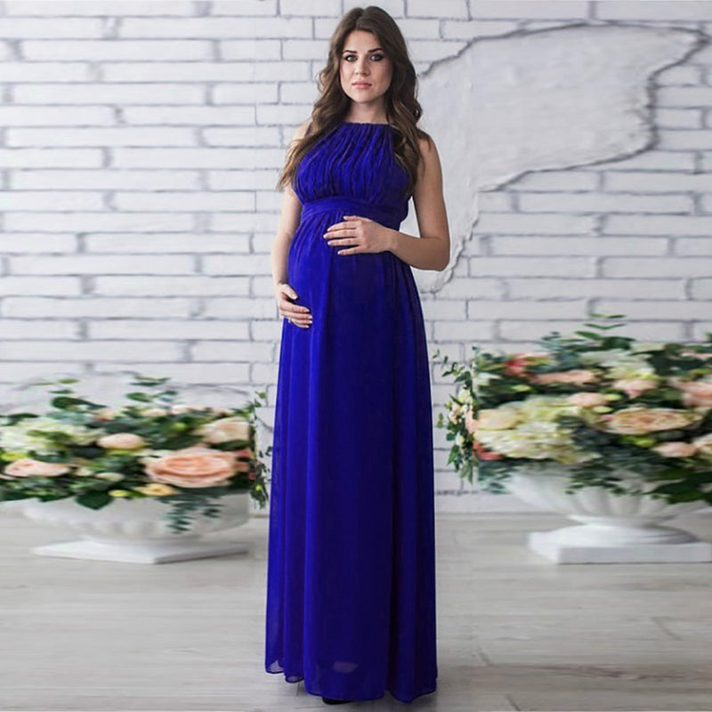 Maternity Clothes Dress round Neck Stitching Solid Color Sleeveless Chiffon plus Size Long Casual Maternity Dress