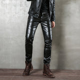 Mens Leather Pants Punk Autumn Slim Fit Skinny Pants Motorcycle Zipper Stitching Tight Leather Pants