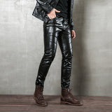 Mens Leather Pants Punk Autumn Slim Fit Skinny Pants Motorcycle Zipper Stitching Tight Leather Pants