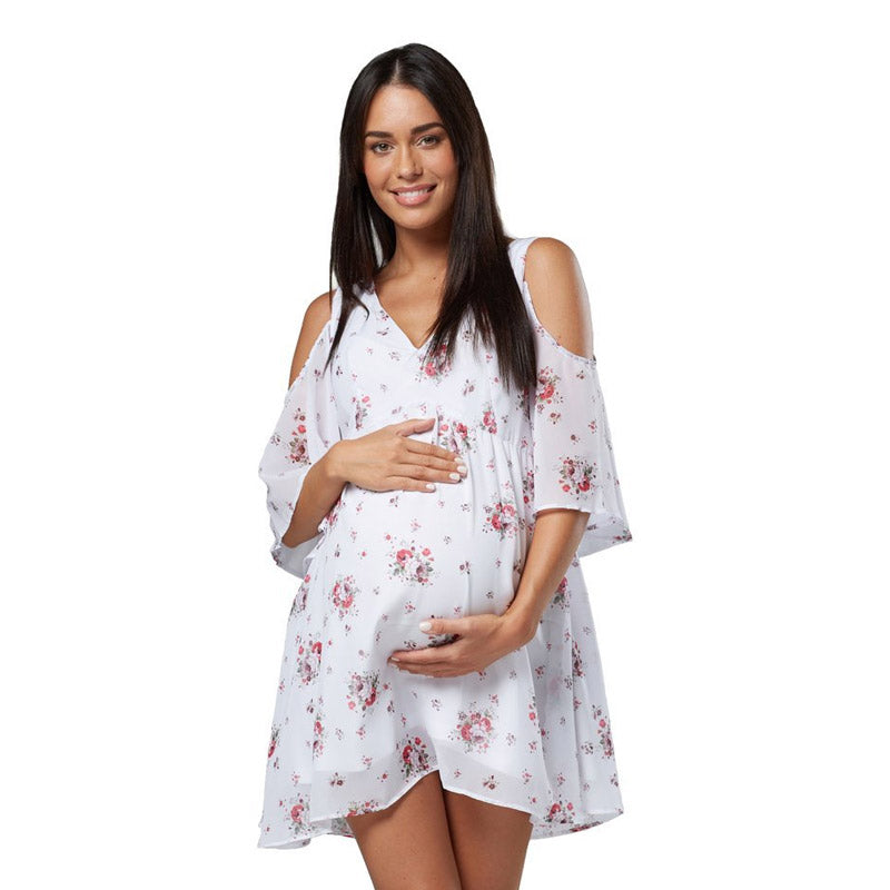 Maternity Clothes Dres Printed V-neck off-Shoulder Short Sleeve Loose Maternity Dress for Women