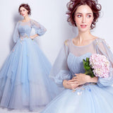 Women'S Evening Dress Ball Gown Princess Quinceanera Wedding Dresses Fashion Blue Long Sleeved Puffy Dress Dinner Party Stage Costume