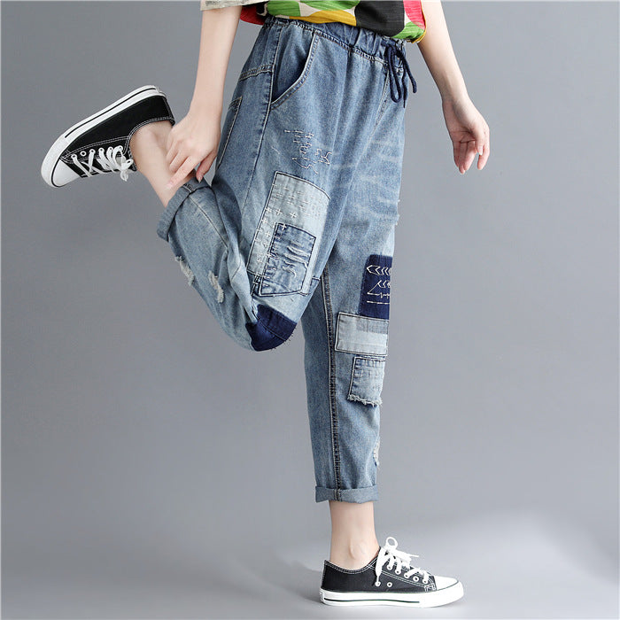 Women Patchwork Jeans Summer Large Size Washed Ripped Jeans