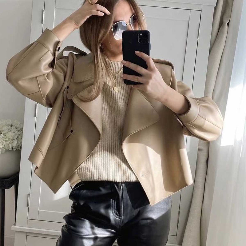 Women Fall Fall Three-Color Handsome Leather Coat Big Lapel Long Sleeve Top