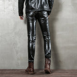 Mens Leather Pants Punk Autumn Slim Fit Skinny Pants Motorcycle Zipper Stitching Tight Leather Pants