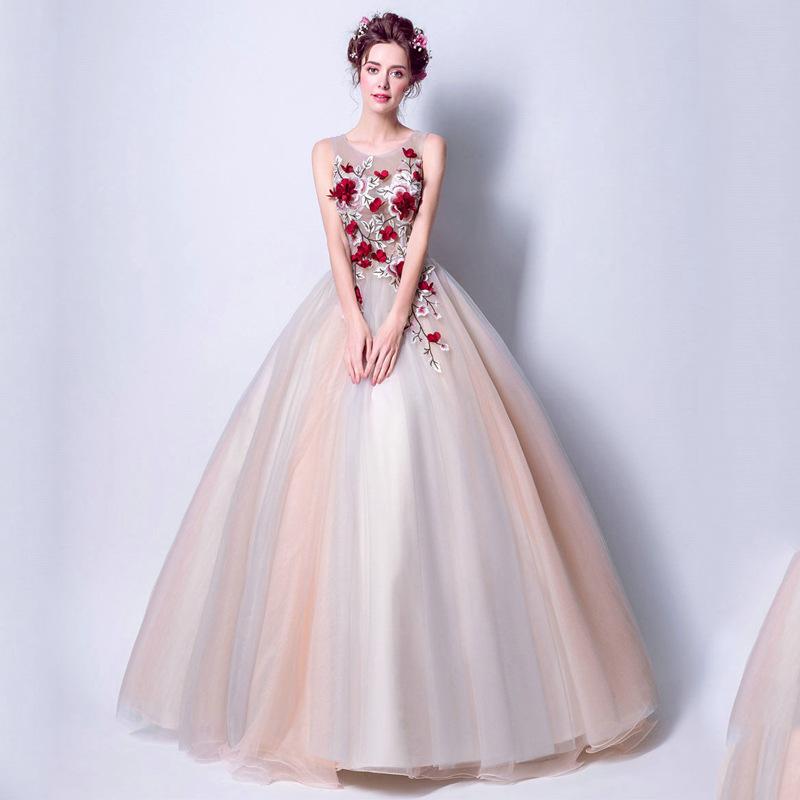 Women'S Evening Dress Ball Gown Princess Quinceanera Wedding Dresses Dark Red Flowers Embroidery Bridal Wedding Dress Dinner Toast Dress Puffy Gown