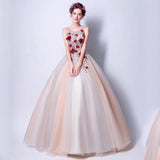 Women'S Evening Dress Ball Gown Princess Quinceanera Wedding Dresses Dark Red Flowers Embroidery Bridal Wedding Dress Dinner Toast Dress Puffy Gown
