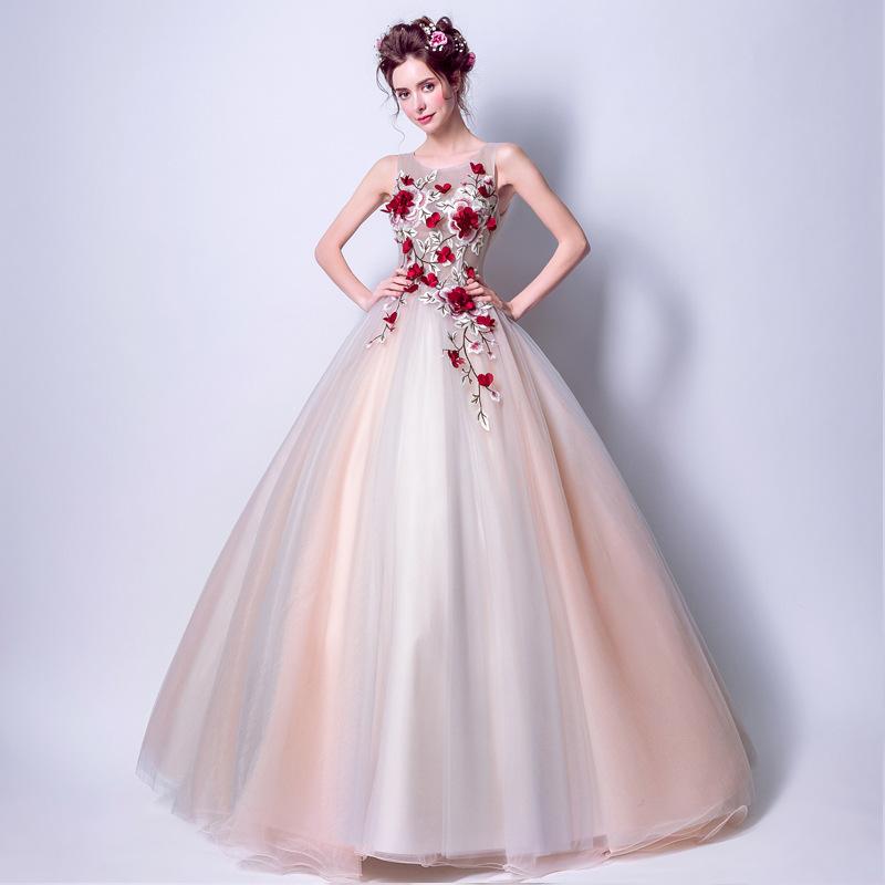 Women'S Evening Dress Ball Gown Princess Quinceanera Wedding Dresses Dark Red Flowers Embroidery Bridal Wedding Dress Dinner Toast Dress Puffy Gown
