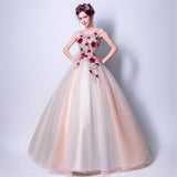 Women'S Evening Dress Ball Gown Princess Quinceanera Wedding Dresses Dark Red Flowers Embroidery Bridal Wedding Dress Dinner Toast Dress Puffy Gown
