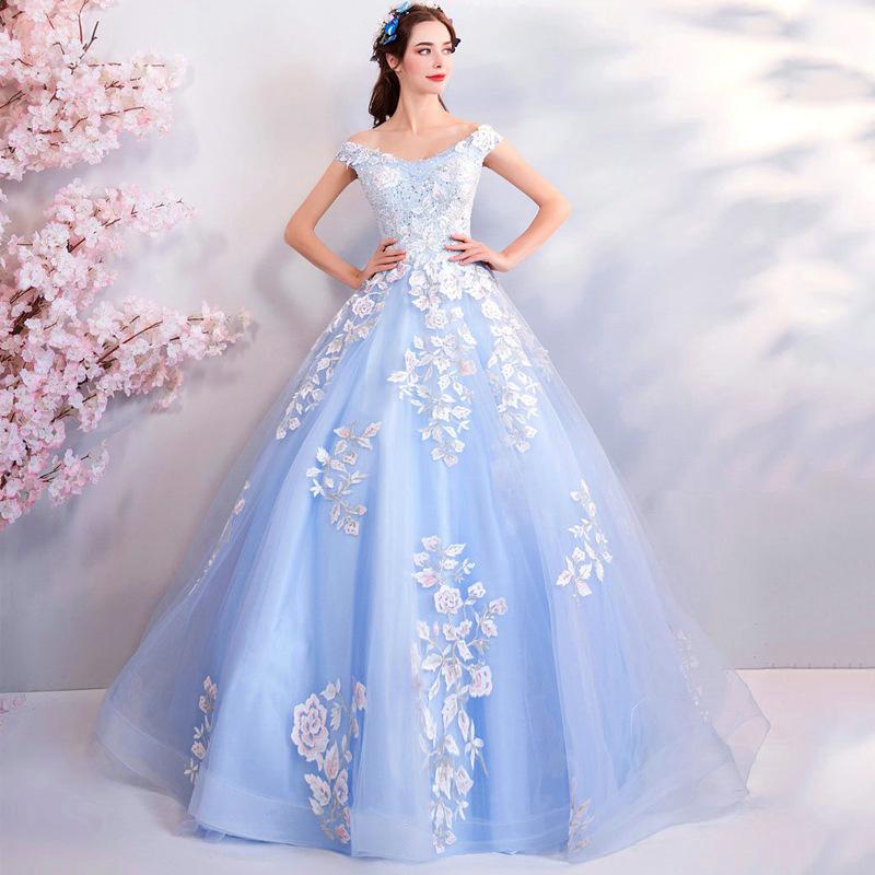 Women'S Evening Dress Ball Gown Princess Quinceanera Wedding Dresses Blue Beaded Off-Shoulder Wedding Dress Performance Tulle Tutu Dress