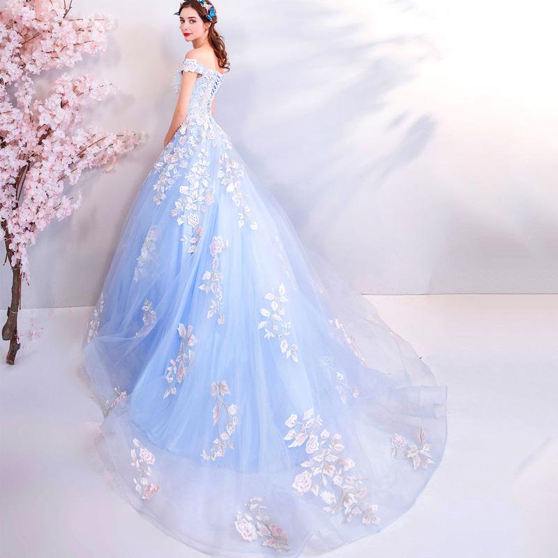 Women'S Evening Dress Ball Gown Princess Quinceanera Wedding Dresses Blue Beaded Off-Shoulder Wedding Dress Performance Tulle Tutu Dress