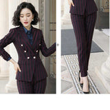 Women Autumn Uniform Designs Formal Style Office Lady Bussiness Attire Work Suit Striped British Style Two-Piece Set