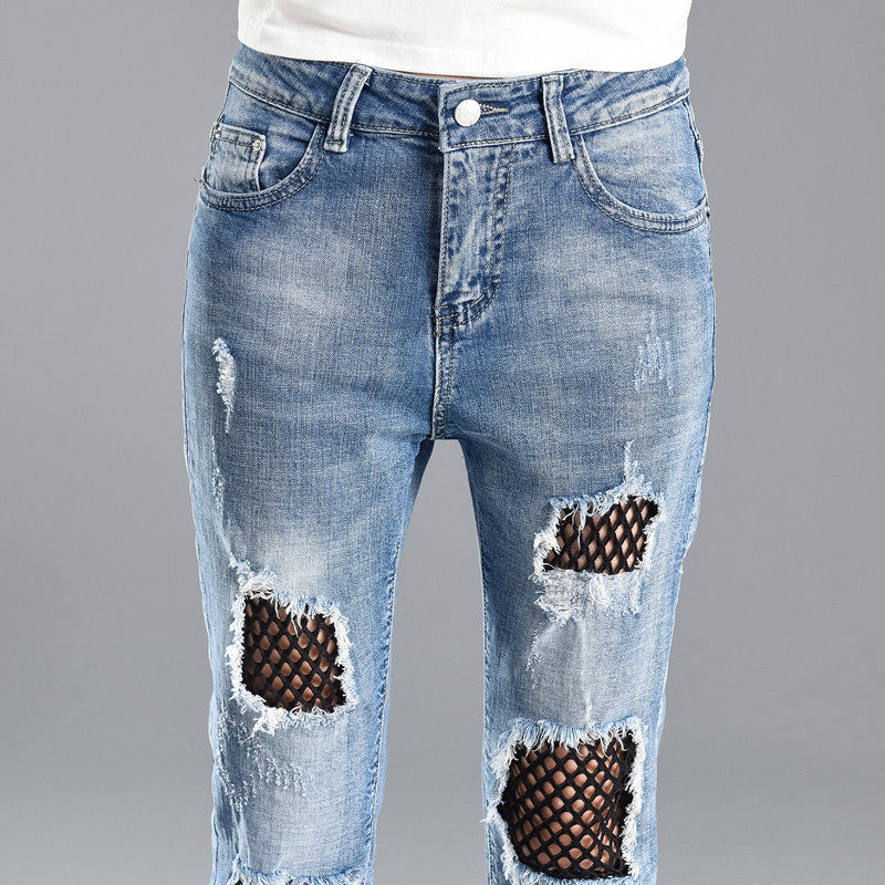 Women Patchwork Jeans Baggy Straight Trousers