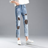 Women Patchwork Jeans Baggy Straight Trousers