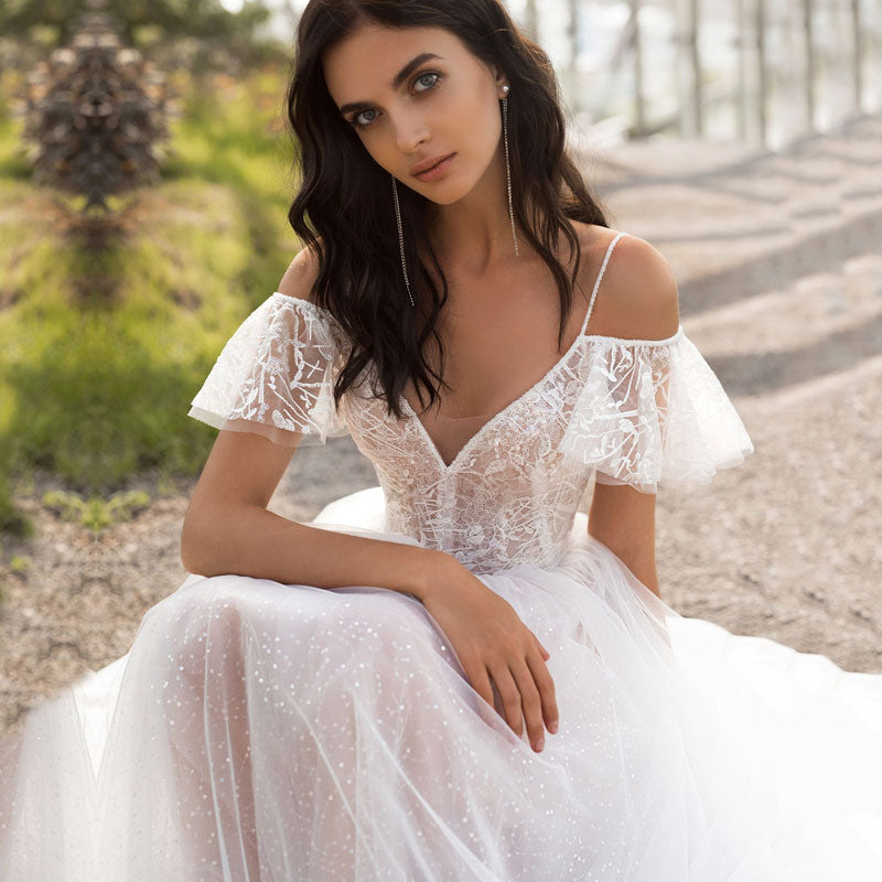 Bohemian Chic Wedding Guest Dress plus Size Slim Fit Slim Double-Shoulder Floor-Length Lace Flower off-Shoulder Women