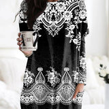 Skull Dress Casual round Neck T-shirt Printed Long Sleeve Pocket Loose Dress