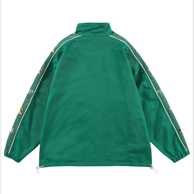 Green Varsity Jacket Spring and Autumn Fun Cartoon Flocking Stand Collar Raccoon Retro Couple Loose Sports Men Coat