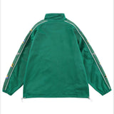 Green Varsity Jacket Spring and Autumn Fun Cartoon Flocking Stand Collar Raccoon Retro Couple Loose Sports Men Coat