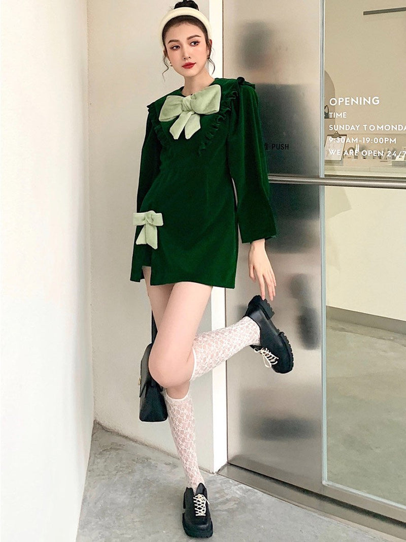 Retro Style Plush Big Bow Ruffled Collar Green cottagecore aesthetic dresses