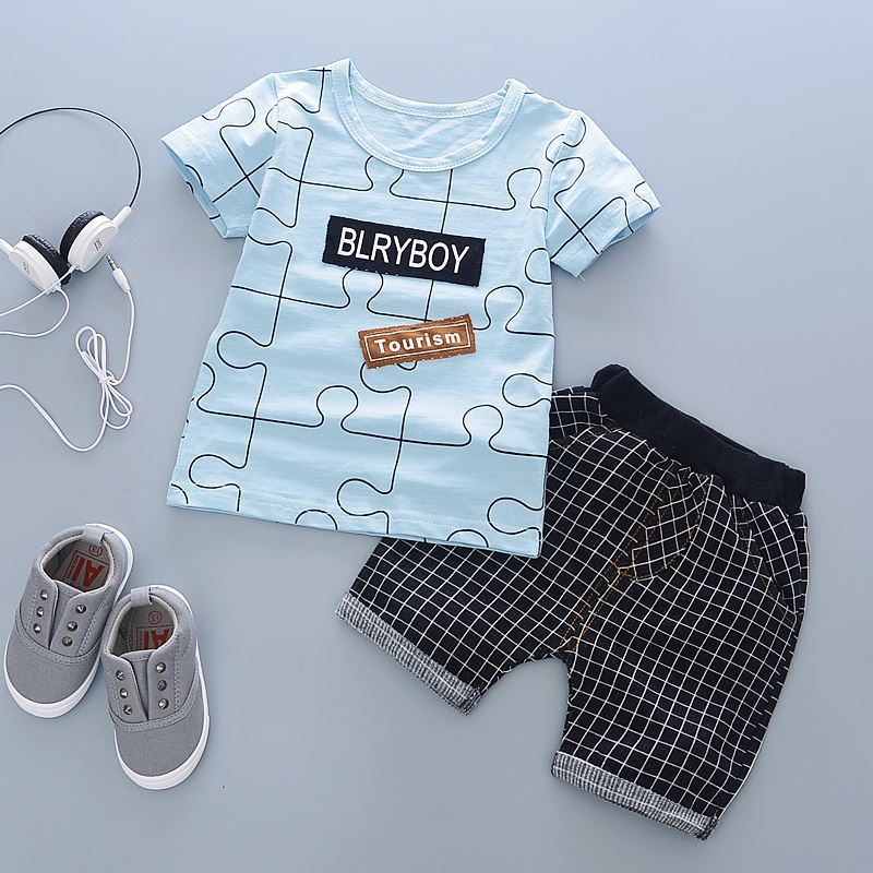 Children Boy Co Ord Summer Geometric Short Sleeve T-shirt Plaid Pants 2 Piece Set