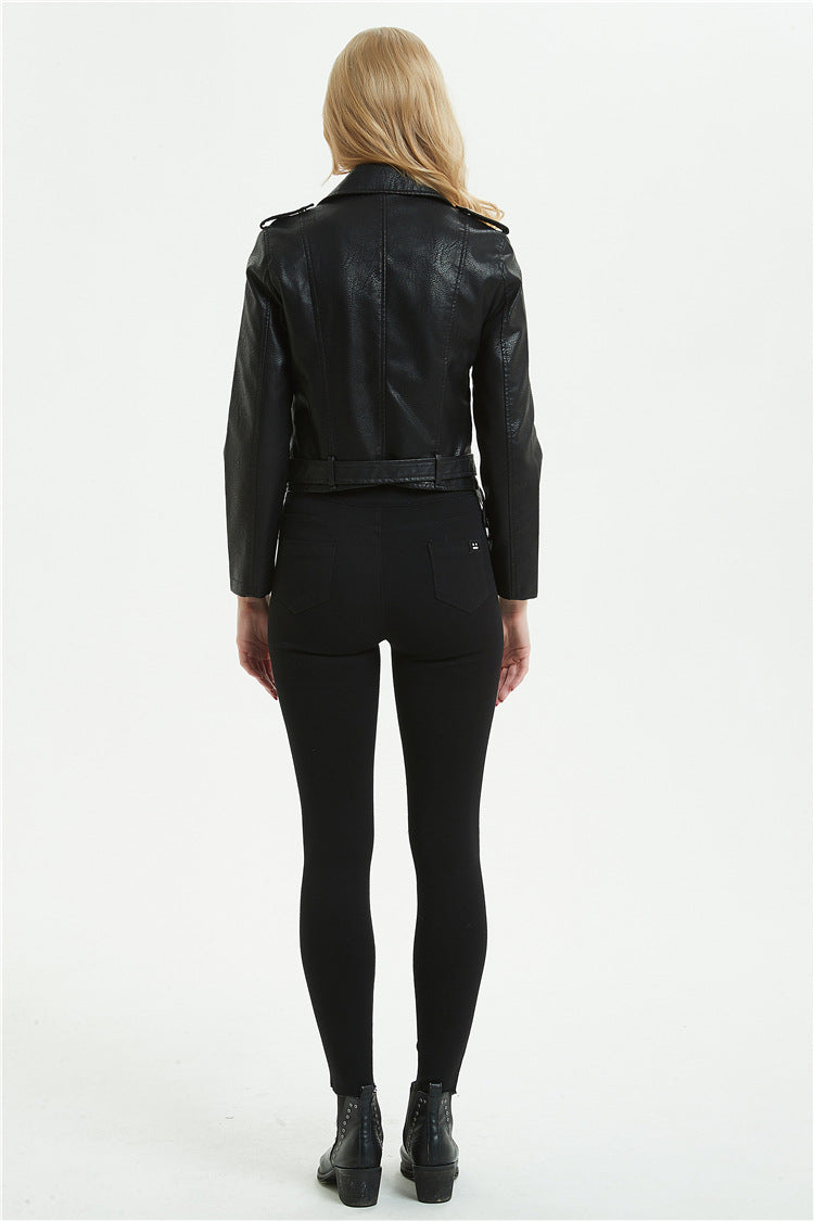 Leather Biker Coat Gothic Leather Jacket Women Pu Jackets Short Spring and Autumn Turn-down Collar Coat Top with Belt