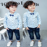 Children Boy Co Ord 2 Piece Set Cartoon Printed Bow Shirt Jeans 2 Piece Set