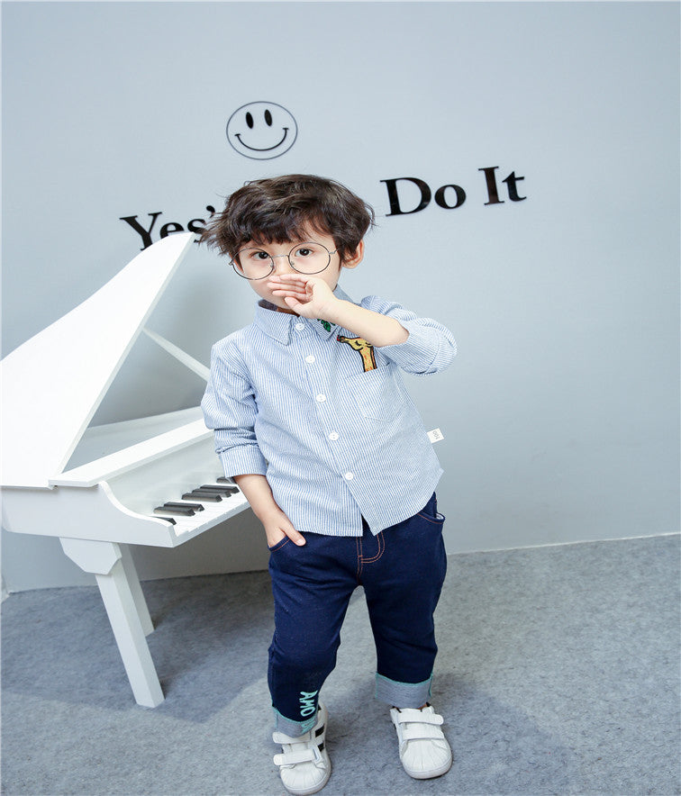 Children Boy Co Ord Cartoon Pocket Deer Shirt Jeans 2 Piece Set