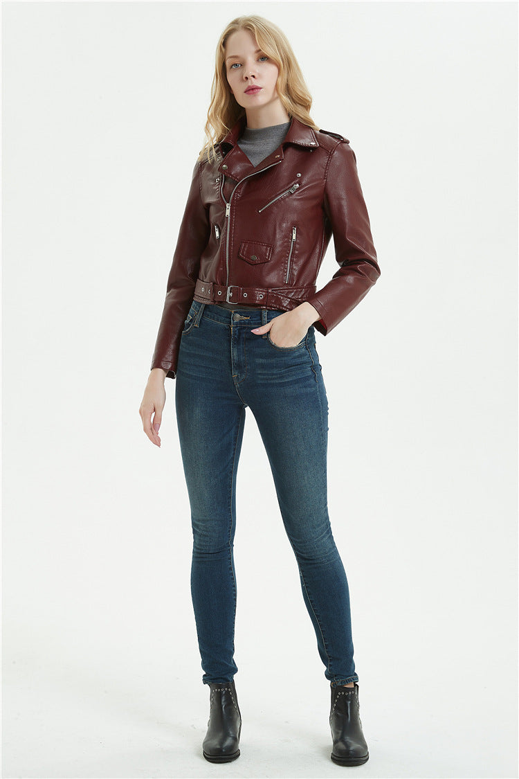 Leather Biker Coat Gothic Leather Jacket Women Pu Jackets Short Spring and Autumn Turn-down Collar Coat Top with Belt
