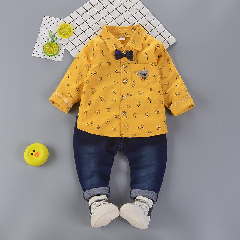 Children Boy Co Ord 2 Piece Set Cartoon Printed Bow Shirt Jeans 2 Piece Set