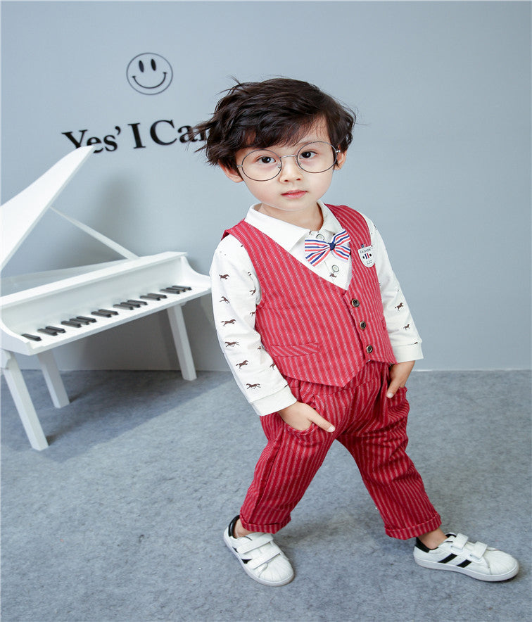 Children Boy Co Ord Striped Vest Shirt Pants Small Horse 3 Piece Set