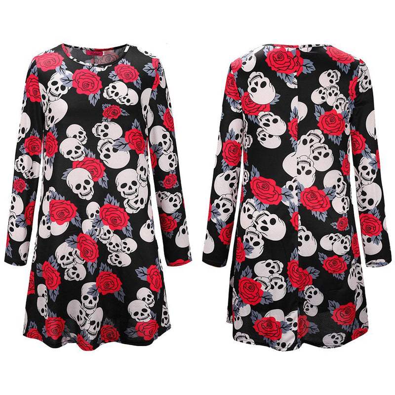 Skull Dress Christmas Popular Skull Print Long Sleeve Dress