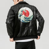 Graphic Leather Jacket Women Chinese Style PU Leather Coat Autumn Winter Retro Wave Printed Crane Embroidery Short Motorcycle Leather Coat