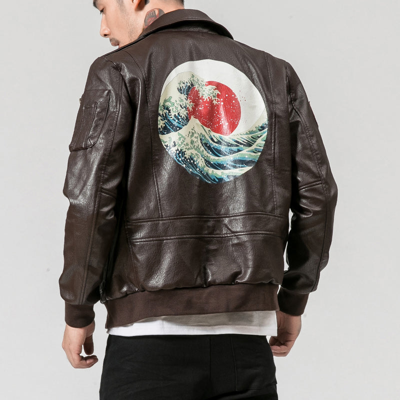 Graphic Leather Jacket Women Chinese Style PU Leather Coat Autumn Winter Retro Wave Printed Crane Embroidery Short Motorcycle Leather Coat