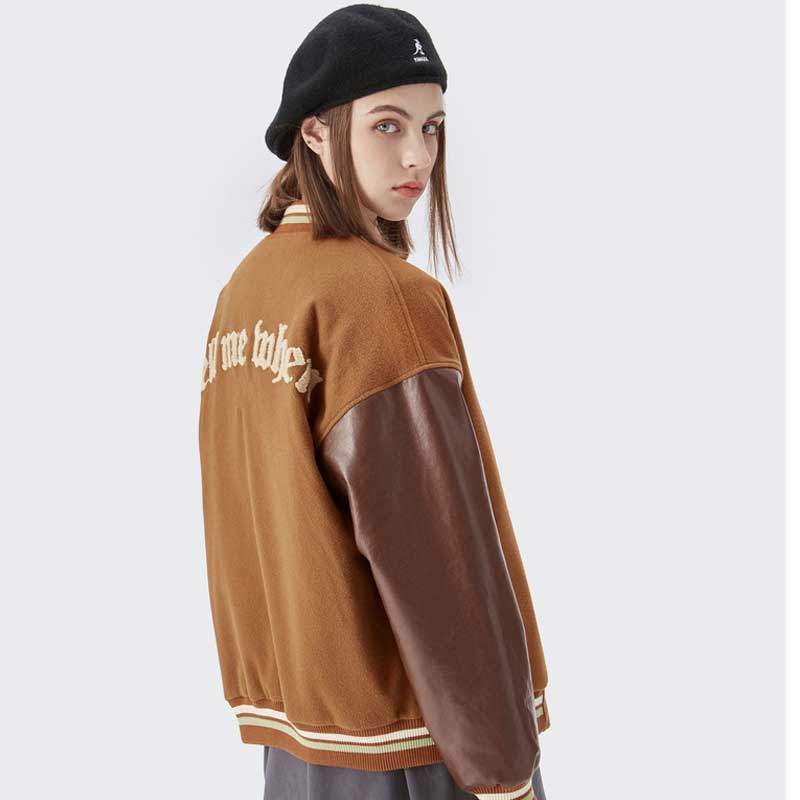 Brown Varsity Jacket I Autumn Retro Patchwork Leather Sleeve Letter Baseball Uniform Jacket