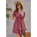 Nina Parker Graffiti Dress Leopard Print Waist Trimming Short-Sleeved Dress