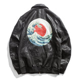Graphic Leather Jacket Women Chinese Style PU Leather Coat Autumn Winter Retro Wave Printed Crane Embroidery Short Motorcycle Leather Coat