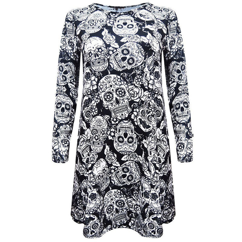 Skull Dress Christmas Popular Skull Print Long Sleeve Dress