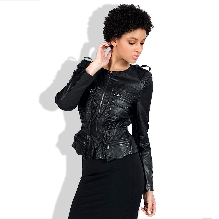 Leather Biker Coat God Leather Jacket Women Pu Jackets Large Size Washed Coat Waist Slimming