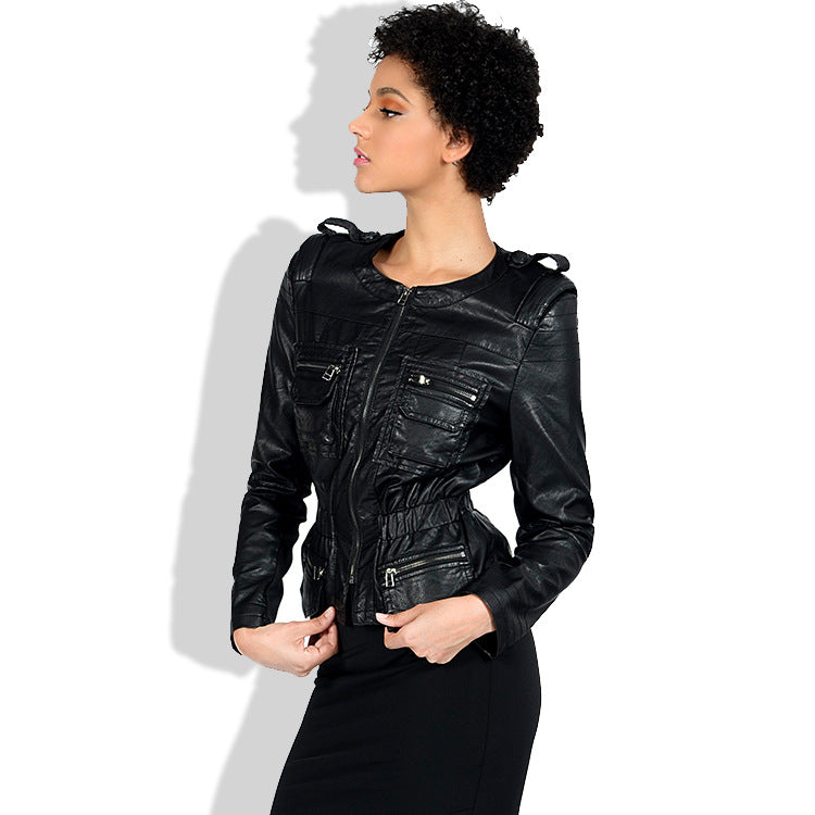 Leather Biker Coat God Leather Jacket Women Pu Jackets Large Size Washed Coat Waist Slimming
