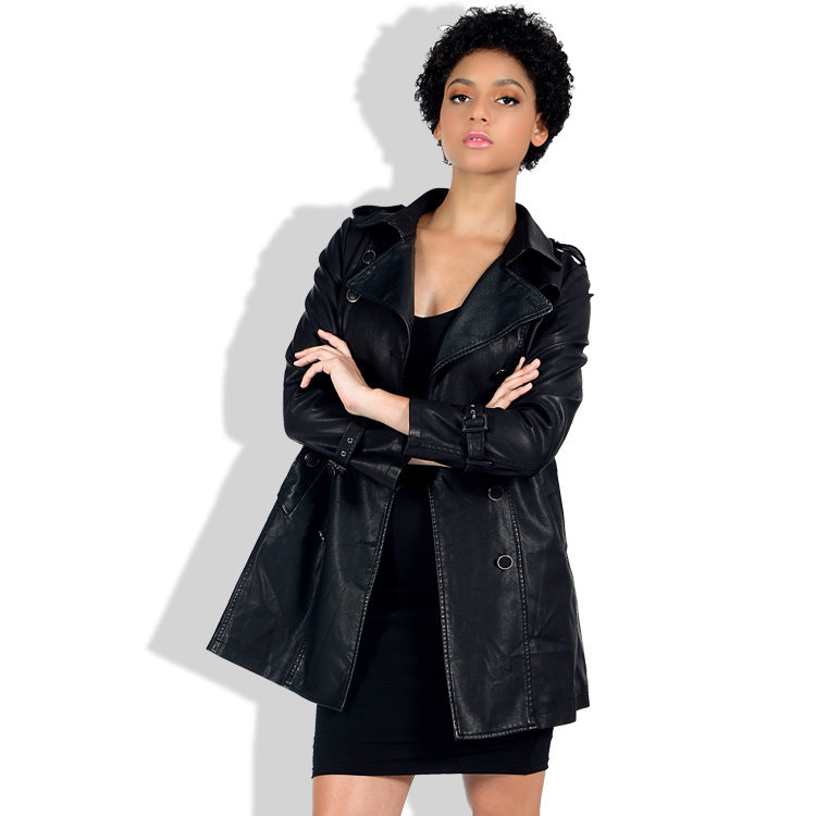 Leather Biker Coat Gothic Leather Jacket Women Pu Jackets Large Size Mid-Length Washed Windbreaker Slim Coat