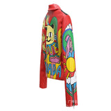 Punk Rock Jacket Rivet Contrast Color Motorcycle Motorcycle Leather Coat for Women