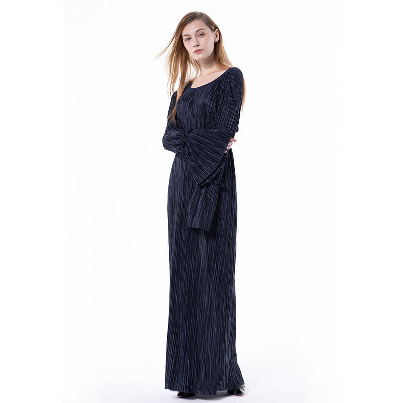 Muslim Women Stylish Kashibo Abaya Muslim Ladies Long Gown Islamic Clothing Jilbab Jalabiya Fashion Loose Flared Sleeve Crew Neck Dress