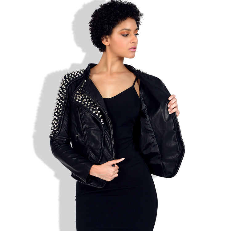 Leather Biker Coat Gothic Leather Jacket Women Pu Jackets Rivet Slim Lapel Leather Coat